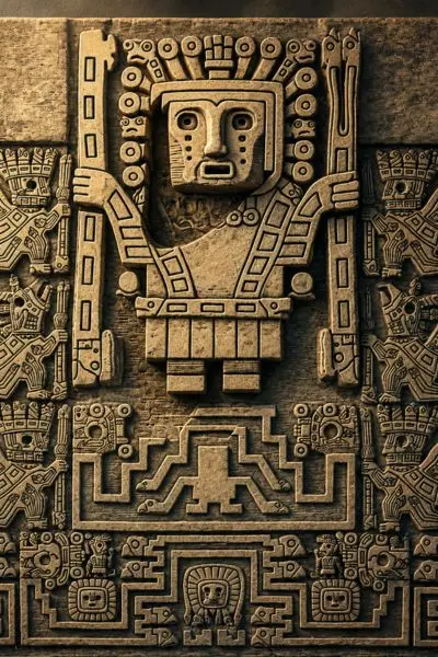 Representación del dios Viracocha tallado en la Puerta del Sol de Tiwanaku