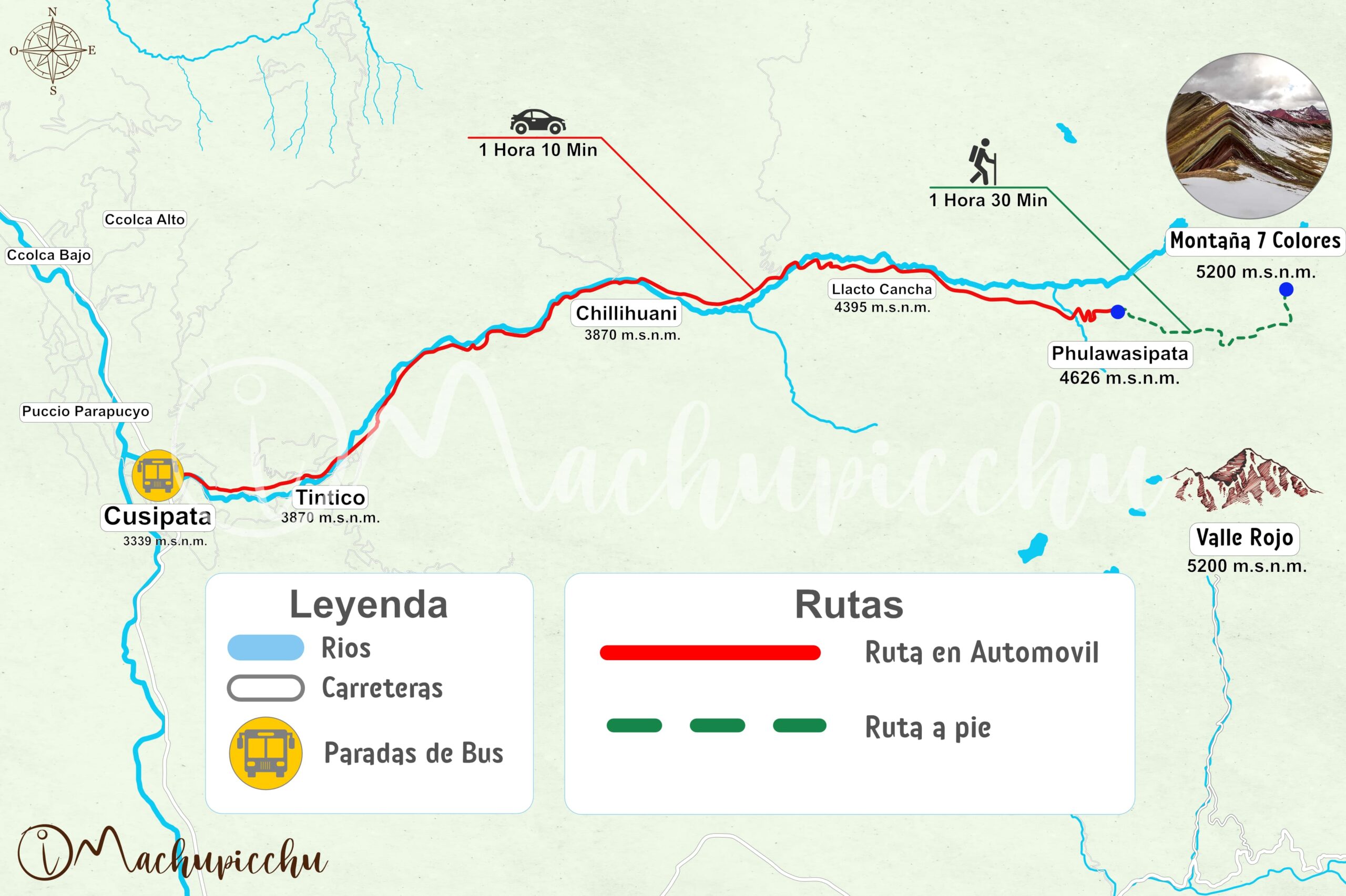 Mapa de la ruta desde Cusco hacia la Montaña de Colores Vinicunca por Cusipata y caminata final