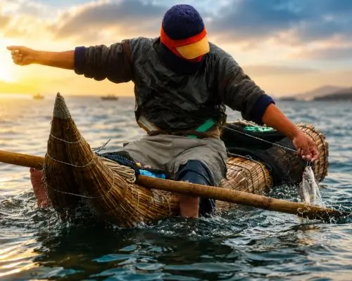Pescatore peruviano pescando su un Caballito di Totora nell’oceano Pacifico