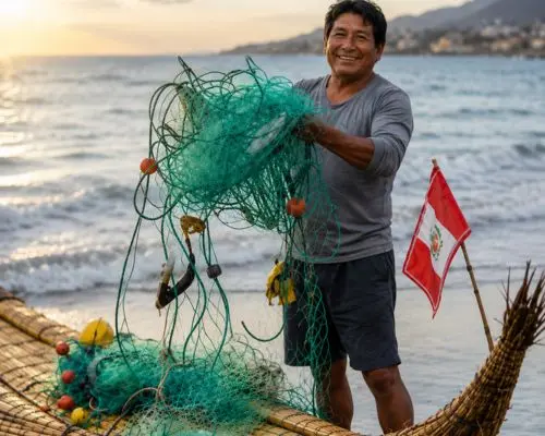 Pescatore peruviano con reti da pesca accanto a un Caballito di Totora sulla costa del Perù