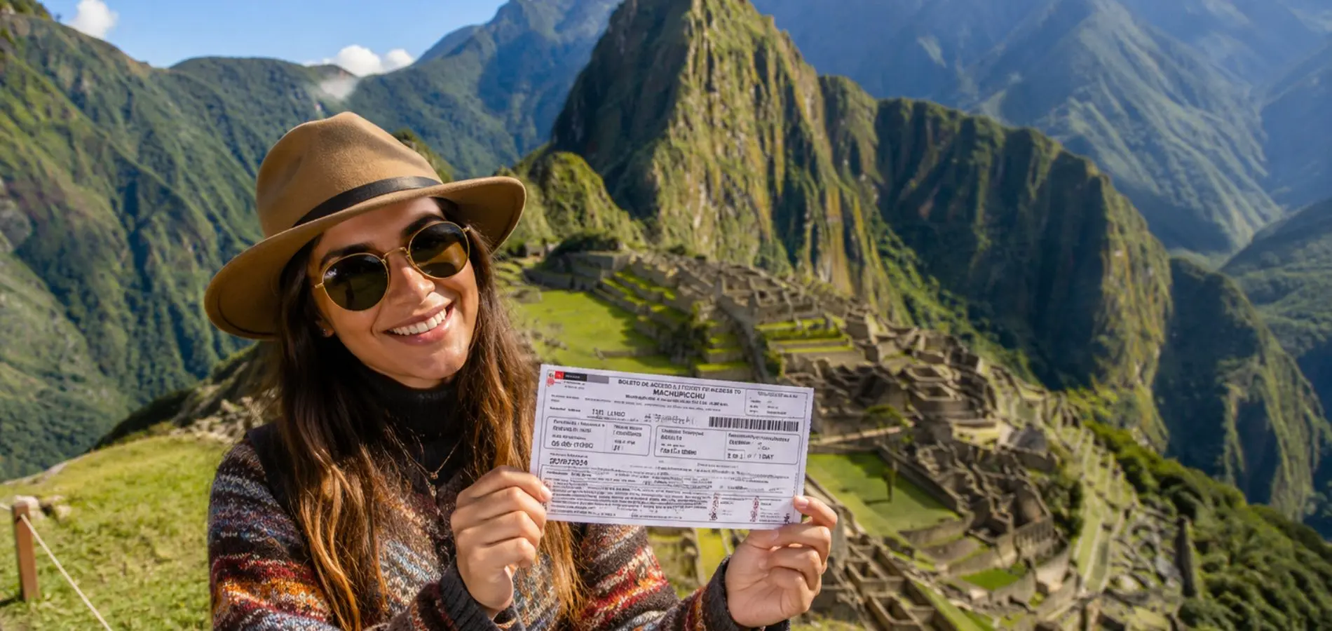 Turista con entrada a Machu Picchu frente a la ciudadela inca en Cusco