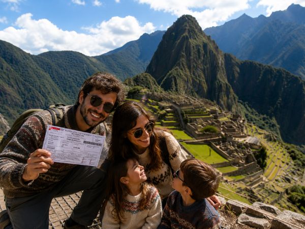 Familia disfrutando una visita a Machu Picchu con vista a la ciudadela inca