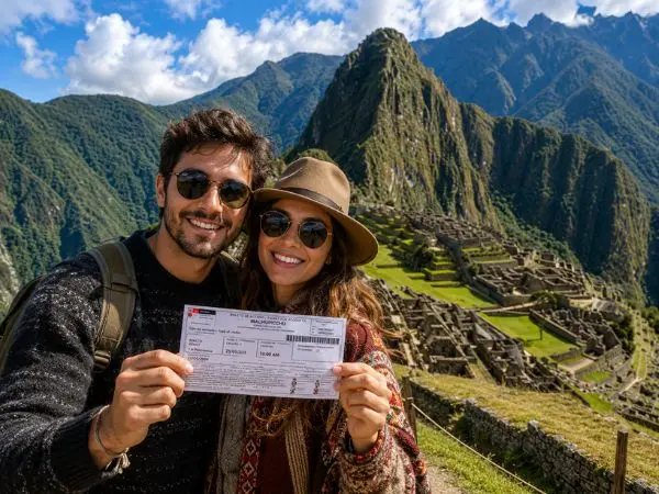 Pareja visitando Machu Picchu con vista a la ciudadela inca en Cusco
