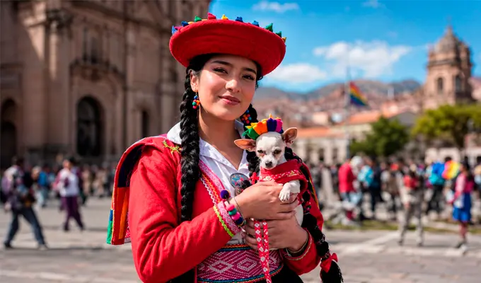 Young Woman and Dog Dressed as Cholitas